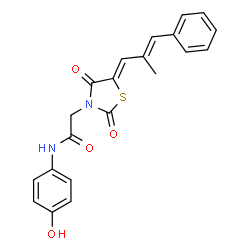 ChemSpider 2D Image | N-(4-Hydroxyphenyl)-2-{(5Z)-5-[(2E)-2-methyl-3-phenyl-2-propen-1-ylidene]-2,4-dioxo-1,3-thiazolidin-3-yl}acetamide | C21H18N2O4S