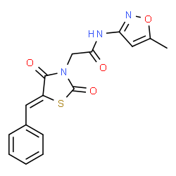 ChemSpider 2D Image | 2-[(5Z)-5-Benzylidene-2,4-dioxo-1,3-thiazolidin-3-yl]-N-(5-methyl-1,2-oxazol-3-yl)acetamide | C16H13N3O4S
