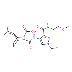 ChemSpider 2D Image | 3-({1-Ethyl-3-[(2-methoxyethyl)carbamoyl]-1H-pyrazol-4-yl}carbamoyl)-7-isopropylidenebicyclo[2.2.1]heptane-2-carboxylic acid | C21H30N4O5
