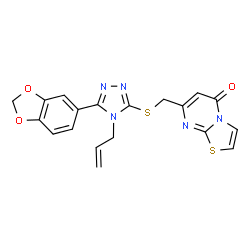 ChemSpider 2D Image | 7-({[4-Allyl-5-(1,3-benzodioxol-5-yl)-4H-1,2,4-triazol-3-yl]sulfanyl}methyl)-5H-[1,3]thiazolo[3,2-a]pyrimidin-5-one | C19H15N5O3S2