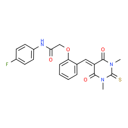 ChemSpider 2D Image | 2-{2-[(1,3-Dimethyl-4,6-dioxo-2-thioxotetrahydro-5(2H)-pyrimidinylidene)methyl]phenoxy}-N-(4-fluorophenyl)acetamide | C21H18FN3O4S