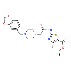 ChemSpider 2D Image | Ethyl 2-({[4-(1,3-benzodioxol-5-ylmethyl)-1-piperazinyl]acetyl}amino)-4-methyl-1,3-thiazole-5-carboxylate | C21H26N4O5S