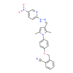 ChemSpider 2D Image | 2-{[4-(2,5-Dimethyl-3-{(Z)-[(5-nitropyridin-2-yl)hydrazono]methyl}-1H-pyrrol-1-yl)phenoxy]methyl}benzonitrile | C26H22N6O3