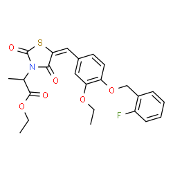 ChemSpider 2D Image | Ethyl 2-[(5E)-5-{3-ethoxy-4-[(2-fluorobenzyl)oxy]benzylidene}-2,4-dioxo-1,3-thiazolidin-3-yl]propanoate | C24H24FNO6S