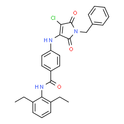 ChemSpider 2D Image | 4-[(1-Benzyl-4-chloro-2,5-dioxo-2,5-dihydro-1H-pyrrol-3-yl)amino]-N-(2,6-diethylphenyl)benzamide | C28H26ClN3O3