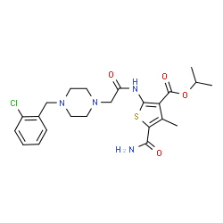 ChemSpider 2D Image | Isopropyl 5-carbamoyl-2-({[4-(2-chlorobenzyl)-1-piperazinyl]acetyl}amino)-4-methyl-3-thiophenecarboxylate | C23H29ClN4O4S