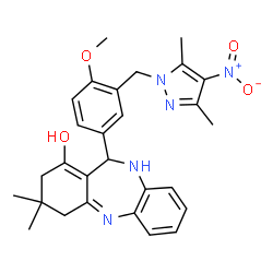 ChemSpider 2D Image | 11-{3-[(3,5-Dimethyl-4-nitro-1H-pyrazol-1-yl)methyl]-4-methoxyphenyl}-3,3-dimethyl-3,4,10,11-tetrahydro-2H-dibenzo[b,e][1,4]diazepin-1-ol | C28H31N5O4