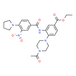 ChemSpider 2D Image | Ethyl 4-(4-acetyl-1-piperazinyl)-3-{[3-nitro-4-(1-pyrrolidinyl)benzoyl]amino}benzoate | C26H31N5O6