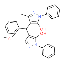 ChemSpider 2D Image | 4,4'-[(2-Methoxyphenyl)methylene]bis(3-methyl-1-phenyl-1H-pyrazol-5-ol) | C28H26N4O3