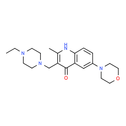 ChemSpider 2D Image | 3-[(4-Ethyl-1-piperazinyl)methyl]-2-methyl-6-(4-morpholinyl)-4(1H)-quinolinone | C21H30N4O2