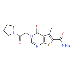 ChemSpider 2D Image | 5-Methyl-4-oxo-3-[2-oxo-2-(1-pyrrolidinyl)ethyl]-3,4-dihydrothieno[2,3-d]pyrimidine-6-carboxamide | C14H16N4O3S