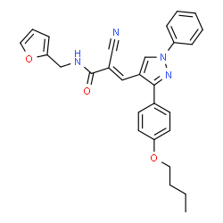 ChemSpider 2D Image | (2E)-3-[3-(4-Butoxyphenyl)-1-phenyl-1H-pyrazol-4-yl]-2-cyano-N-(2-furylmethyl)acrylamide | C28H26N4O3
