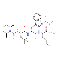 ChemSpider 2D Image | Sodium N-{[(2R,6S)-2,6-dimethyl-1-piperidinyl]carbonyl}-4-methyl-D-leucyl-N-[(1S)-1-carboxylatopentyl]-1-(methoxycarbonyl)-D-tryptophanamide | C34H50N5NaO7
