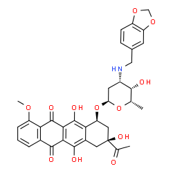 ChemSpider 2D Image | (1S,3S)-3-Acetyl-3,5,12-trihydroxy-10-methoxy-6,11-dioxo-1,2,3,4,6,11-hexahydro-1-tetracenyl 3-[(1,3-benzodioxol-5-ylmethyl)amino]-2,3,6-trideoxy-alpha-L-lyxo-hexopyranoside | C35H35NO12