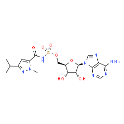 ChemSpider 2D Image | 5'-O-{[(3-Isopropyl-1-methyl-1H-pyrazol-5-yl)carbonyl]sulfamoyl}adenosine | C18H24N8O7S