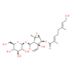 ChemSpider 2D Image | (1aR,1bS,2S,5aS,6R,6aS)-2-(beta-D-Glucopyranosyloxy)-5a-hydroxy-1a-methyl-1a,1b,2,5a,6,6a-hexahydrooxireno[4,5]cyclopenta[1,2-c]pyran-6-yl (2E,6E)-8-hydroxy-2,6-dimethyl-2,6-octadienoate | C25H36O12