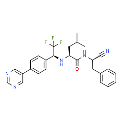 ChemSpider 2D Image | N-[(1S)-1-Cyano-2-phenylethyl]-N~2~-{(1S)-2,2,2-trifluoro-1-[4-(5-pyrimidinyl)phenyl]ethyl}-L-leucinamide | C27H28F3N5O