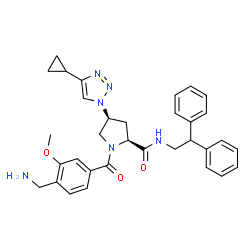 ChemSpider 2D Image | (4S)-1-[4-(Aminomethyl)-3-methoxybenzoyl]-4-(4-cyclopropyl-1H-1,2,3-triazol-1-yl)-N-(2,2-diphenylethyl)-L-prolinamide | C33H36N6O3
