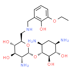 ChemSpider 2D Image | (1R,2R,3S,4R,6S)-4,6-Diamino-2,3-dihydroxycyclohexyl 2-amino-2,6-dideoxy-6-[(3-ethoxy-2-hydroxybenzyl)amino]-alpha-D-glucopyranoside | C21H36N4O8