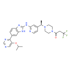 ChemSpider 2D Image | 3,3,3-Trifluoro-1-{4-[(1R)-1-(2-{[6-(5-isopropoxy-4-pyrimidinyl)-1H-benzimidazol-2-yl]amino}-4-pyridinyl)ethyl]-1-piperazinyl}-1-propanone | C28H31F3N8O2
