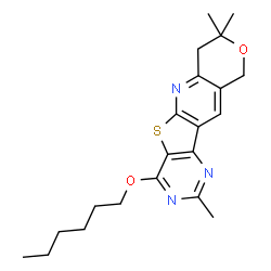 ChemSpider 2D Image | 4-(Hexyloxy)-2,8,8-trimethyl-7,10-dihydro-8H-pyrano[3'',4'':5',6']pyrido[3',2':4,5]thieno[3,2-d]pyrimidine | C21H27N3O2S