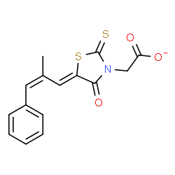ChemSpider 2D Image | {(5Z)-5-[(2Z)-2-Methyl-3-phenyl-2-propen-1-ylidene]-4-oxo-2-thioxo-1,3-thiazolidin-3-yl}acetate | C15H12NO3S2