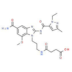ChemSpider 2D Image | 4-{[3-(5-Carbamoyl-2-{[(1-ethyl-3-methyl-1H-pyrazol-5-yl)carbonyl]amino}-7-methoxy-1H-benzimidazol-1-yl)propyl]amino}-4-oxobutanoic acid | C23H29N7O6