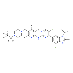 ChemSpider 2D Image | N-[5-{[4-(~2~H_5_)Ethyl-1-piperazinyl]methyl}(~2~H_3_)-2-pyridinyl]-5-fluoro-4-(4-fluoro-1-isopropyl-2-methyl-1H-benzimidazol-6-yl)-2-pyrimidinamine | C27H24D8F2N8