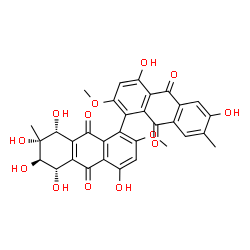 ChemSpider 2D Image | (5S,6R,7R,8R)-4,4',5,6,6',7,8-Heptahydroxy-2,2'-dimethoxy-7,7'-dimethyl-5,6,7,8-tetrahydro-1,1'-bianthracene-9,9',10,10'-tetrone | C32H26O13