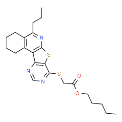 ChemSpider 2D Image | Pentyl [(5-propyl-1,2,3,4-tetrahydropyrimido[4',5':4,5]thieno[2,3-c]isoquinolin-8-yl)sulfanyl]acetate | C23H29N3O2S2