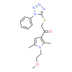 ChemSpider 2D Image | 1-[1-(2-Methoxyethyl)-2,5-dimethyl-1H-pyrrol-3-yl]-2-[(1-phenyl-1H-tetrazol-5-yl)sulfanyl]ethanone | C18H21N5O2S