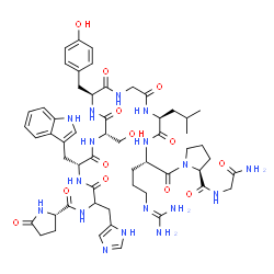 ChemSpider 2D Image | 5-Oxo-L-prolylhistidyl-D-tryptophyl-L-seryl-L-tyrosylglycyl-L-leucyl-N~5~-(diaminomethylene)-L-ornithyl-L-prolylglycinamide | C55H75N17O13