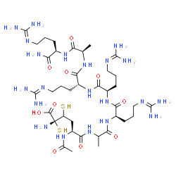 ChemSpider 2D Image | (6R,9R,12R,15R,18R,24S,27R)-24-Acetamido-1,1,27-triamino-6-carbamoyl-12,15,18-tris{3-[(diaminomethylene)amino]propyl}-9,21-dimethyl-8,11,14,17,20,23-hexaoxo-26,27-disulfanyl-2,7,10,13,16,19,22-heptaaz
aoctacos-1-en-28-oic acid (non-preferred name) | C38H73N21O10S2