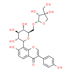 ChemSpider 2D Image | (1xi)-1,5-Anhydro-6-O-[(2S,3R,4R)-3,4-dihydroxy-4-(hydroxymethyl)tetrahydro-2-furanyl]-1-[7-hydroxy-3-(4-hydroxyphenyl)-4-oxo-4H-chromen-8-yl]-D-glucitol | C26H28O13