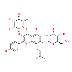 ChemSpider 2D Image | 3-[(6-Deoxy-alpha-L-mannopyranosyl)oxy]-5-hydroxy-2-(4-hydroxyphenyl)-8-(3-methyl-2-buten-1-yl)-4-oxo-4H-chromen-7-yl D-glucopyranoside | C32H38O15