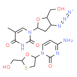 ChemSpider 2D Image | 1-(3-Azido-2,3-dideoxypentofuranosyl)-5-methyl-2,4(1H,3H)-pyrimidinedione - 4-amino-1-[2-(hydroxymethyl)-1,3-oxathiolan-5-yl]-2(1H)-pyrimidinone (1:1) | C18H24N8O7S