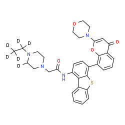 ChemSpider 2D Image | 2-[4-(~2~H_5_)Ethyl(3-~2~H_1_)-1-piperazinyl]-N-{4-[2-(4-morpholinyl)-4-oxo-4H-chromen-8-yl]dibenzo[b,d]thiophen-1-yl}acetamide | C33H28D6N4O4S
