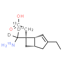 ChemSpider 2D Image | {(1R,5S,6S)-6-[(~15~N)Amino(~2~H_2_)methyl]-3-ethylbicyclo[3.2.0]hept-3-en-6-yl}(~13~C_2_)acetic acid | C1013C2H17D215NO2