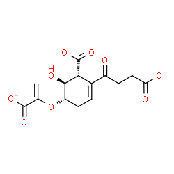 ChemSpider 2D Image | (1R,5S,6S)-2-(3-Carboxylatopropanoyl)-5-[(1-carboxylatovinyl)oxy]-6-hydroxy-2-cyclohexene-1-carboxylate | C14H13O9
