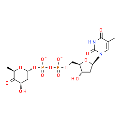 ChemSpider 2D Image | [[(2R,3S,5R)-3-hydroxy-5-(5-methyl-2,4-dioxo-pyrimidin-1-yl)tetrahydrofuran-2-yl]methoxy-oxido-phosphoryl] [(2R,4S,6R)-4-hydroxy-6-methyl-5-oxo-tetrahydropyran-2-yl] phosphate | C16H22N2O14P2