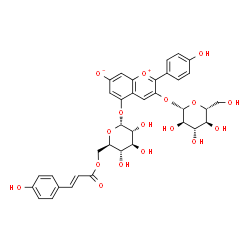 ChemSpider 2D Image | 3-(beta-D-Glucopyranosyloxy)-2-(4-hydroxyphenyl)-5-({6-O-[(2E)-3-(4-hydroxyphenyl)-2-propenoyl]-alpha-D-glucopyranosyl}oxy)-7-chromeniumolate | C36H36O17