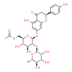 ChemSpider 2D Image | (2S)-5-Hydroxy-2-(4-hydroxyphenyl)-4-oxo-3,4-dihydro-2H-chromen-7-yl 6-O-acetyl-2-O-(6-deoxy-alpha-L-mannopyranosyl)-beta-D-glucopyranoside | C29H34O15