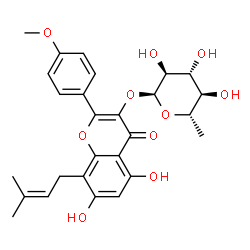 ChemSpider 2D Image | 5,7-Dihydroxy-2-(4-methoxyphenyl)-8-(3-methyl-2-buten-1-yl)-4-oxo-4H-chromen-3-yl 6-deoxy-alpha-L-glucopyranoside | C27H30O10