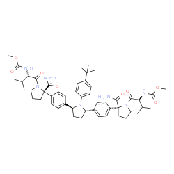 ChemSpider 2D Image | Methyl {(2S)-1-[(2R)-2-carbamoyl-2-(4-{(2S,5S)-5-{4-[(2S)-2-carbamoyl-1-{(2S)-2-[(methoxycarbonyl)amino]-3-methylbutanoyl}-2-pyrrolidinyl]phenyl}-1-[4-(2-methyl-2-propanyl)phenyl]-2-pyrrolidinyl}pheny
l)-1-pyrrolidinyl]-3-methyl-1-oxo-2-butanyl}carbamate (non-preferred name) | C50H67N7O8