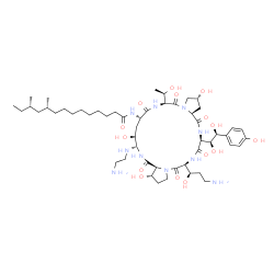 ChemSpider 2D Image | (10R,12S)-N-{(2R,6S,9S,11S,12S,14aS,15S,20S,23S,25aS)-12-[(2-Aminoethyl)amino]-20-[(1R)-3-amino-1-hydroxypropyl]-23-[(1S,2S)-1,2-dihydroxy-2-(4-hydroxyphenyl)ethyl]-2,11,15-trihydroxy-6-[(1R)-1-hydrox
yethyl]-5,8,14,19,22,25-hexaoxotetracosahydro-1H-dipyrrolo[2,1-c:2',1'-l][1,4,7,10,13,16]hexaazacyclohenicosin-9-yl}-10,12-dimethyltetradecanamide | C52H88N10O15