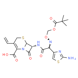 ChemSpider 2D Image | (7R)-7-{[(2Z)-2-(2-Amino-1,3-thiazol-4-yl)-2-({[(2,2-dimethylpropanoyl)oxy]methoxy}imino)acetyl]amino}-8-oxo-3-vinyl-5-thia-1-azabicyclo[4.2.0]oct-2-ene-2-carboxylic acid | C20H23N5O7S2