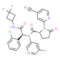 ChemSpider 2D Image | N-{(1S)-1-(2-Chlorophenyl)-2-[(3,3-difluorocyclobutyl)amino]-2-oxoethyl}-1-(4-cyano-2-pyridinyl)-N-(5-fluoro-3-pyridinyl)-5-oxo-D-prolinamide | C28H22ClF3N6O3