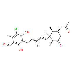 ChemSpider 2D Image | (1S,2R,3S,4R)-3-[(1E,3E)-5-(3-Chloro-5-formyl-2,6-dihydroxy-4-methylphenyl)-3-methyl-1,3-pentadien-1-yl]-2,3,4-trimethyl-5-oxocyclohexyl acetate | C25H31ClO6