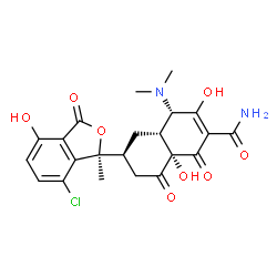 ChemSpider 2D Image | (4S,4aR,6S,8aS)-6-[(1S)-7-Chloro-4-hydroxy-1-methyl-3-oxo-1,3-dihydro-2-benzofuran-1-yl]-4-(dimethylamino)-3,8a-dihydroxy-1,8-dioxo-1,4,4a,5,6,7,8,8a-octahydro-2-naphthalenecarboxamide | C22H23ClN2O8