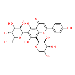 ChemSpider 2D Image | 5,7-Dihydroxy-2-(4-hydroxyphenyl)-6-[(2S,3R,4R,5R,6R)-3,4,5-trihydroxy-6-(hydroxymethyl)tetrahydro-2H-pyran-2-yl]-8-[(2S,3S,4S,5R)-3,4,5-trihydroxytetrahydro-2H-pyran-2-yl]-4H-chromen-4-one (non-prefe
rred name) | C26H28O14